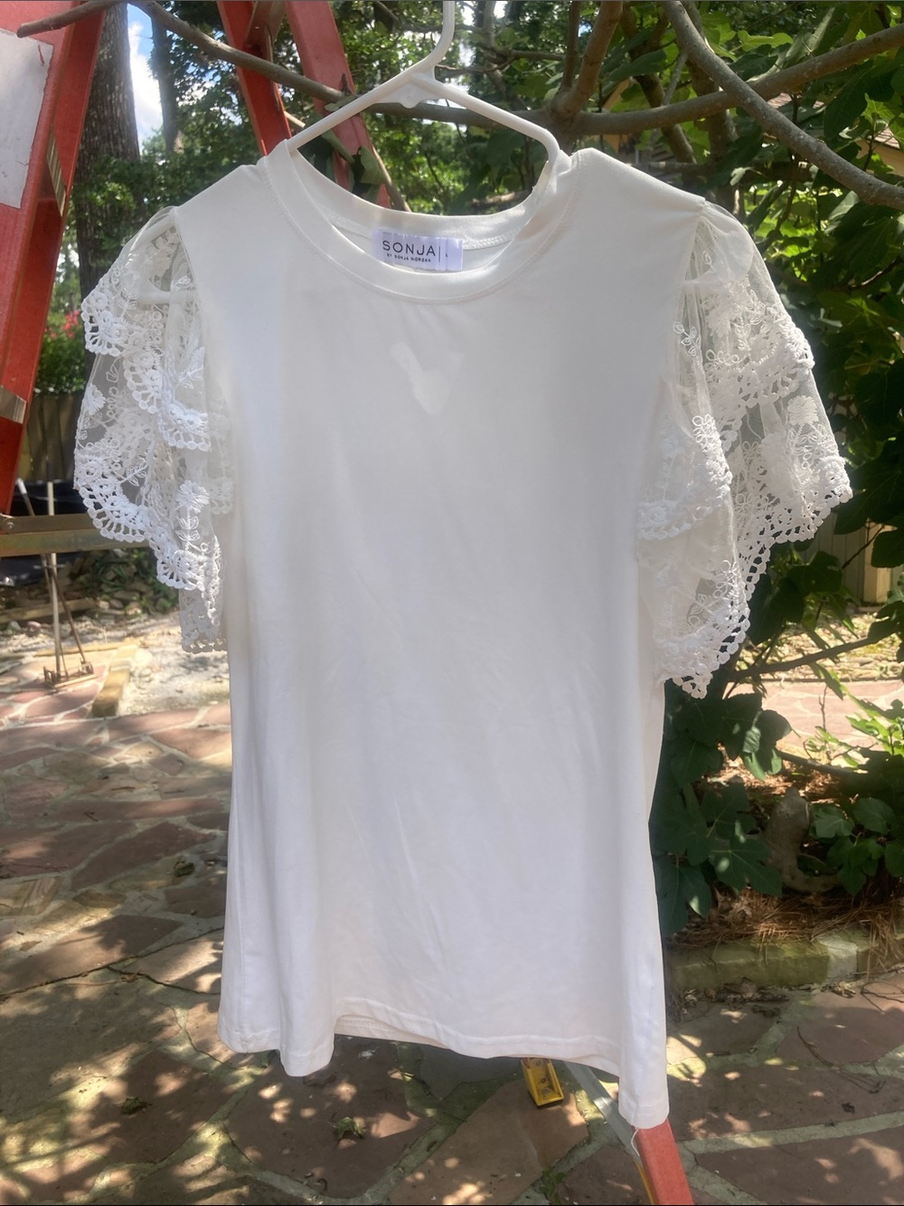 Sonja by Sonya Morgan White Lace Flutter Sleeve Tee